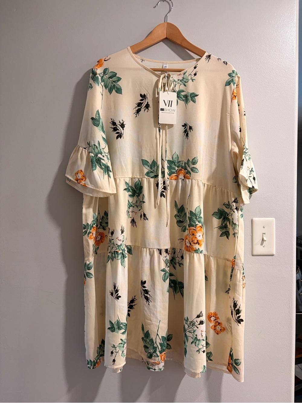 Cream Floral Tiered Midi Dress with Tie Neck